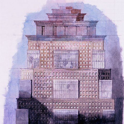 farbliche Zeichnung eines Hochhauses in New York