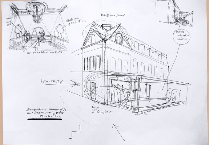 Eine Skizze mit weiteren Details zum Gebäude